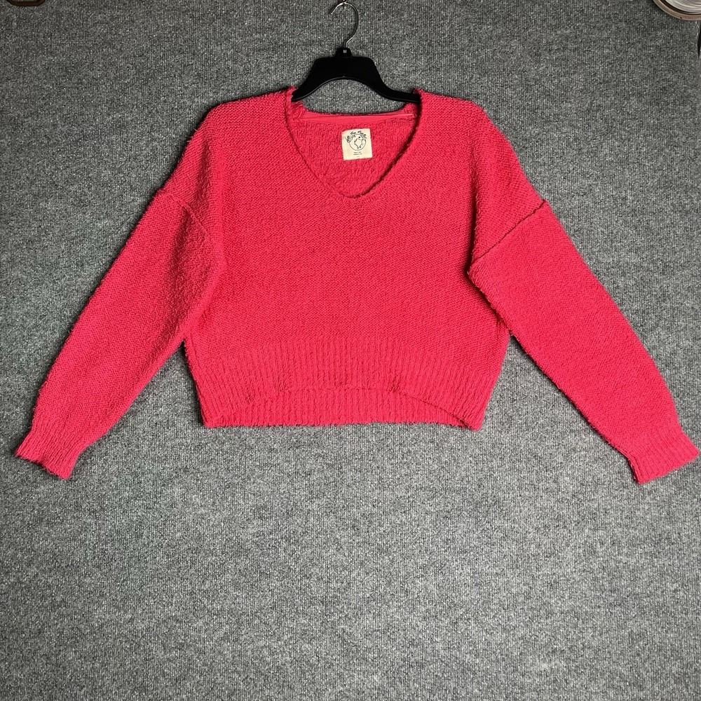Free People We The Free V-neck Sweater M Cropped Boxy Organic Recycled Hot Pink